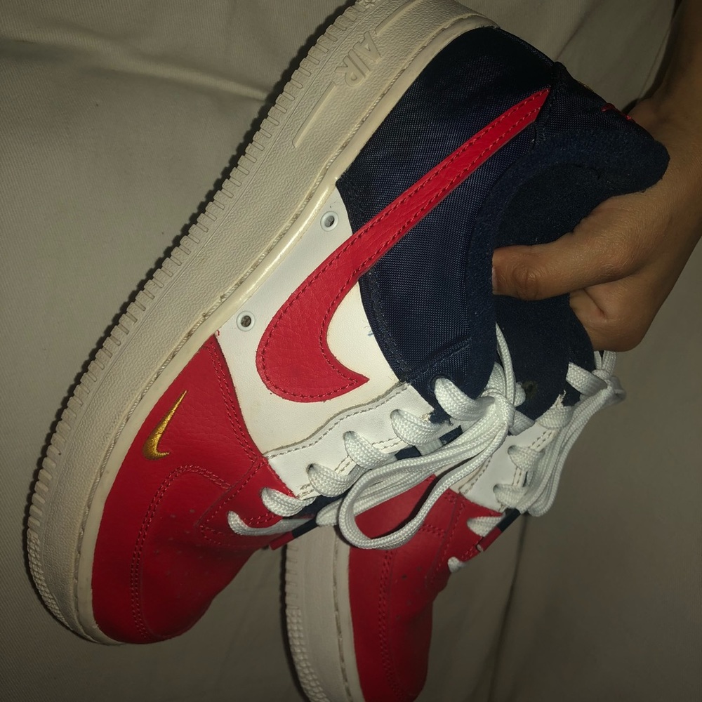 red, white and blue Air Jordan’s